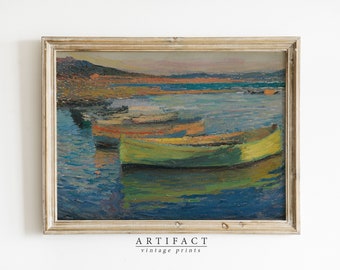 Dipinto a olio vintage di barche / Stampa di decorazioni nautiche / Decorazione della parete del soggiorno / Paesaggio costiero / Arte di download digitale STAMPABILE / AV_048