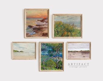 Coastal Gallery Wall Art Print SET / Vintage Neutraal Zeegezicht / Gedempte Print / Afdrukbare collectie van 5 / Digitale AFDRUKBARE Muurkunst / G_004