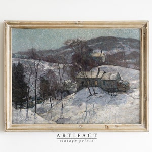 Rustic Winter Farmhouse / Vintage Winter Landscape Painting / Cabin Decor / PRINTABLE Digital Download Art / Artifact Vintage / AV_109