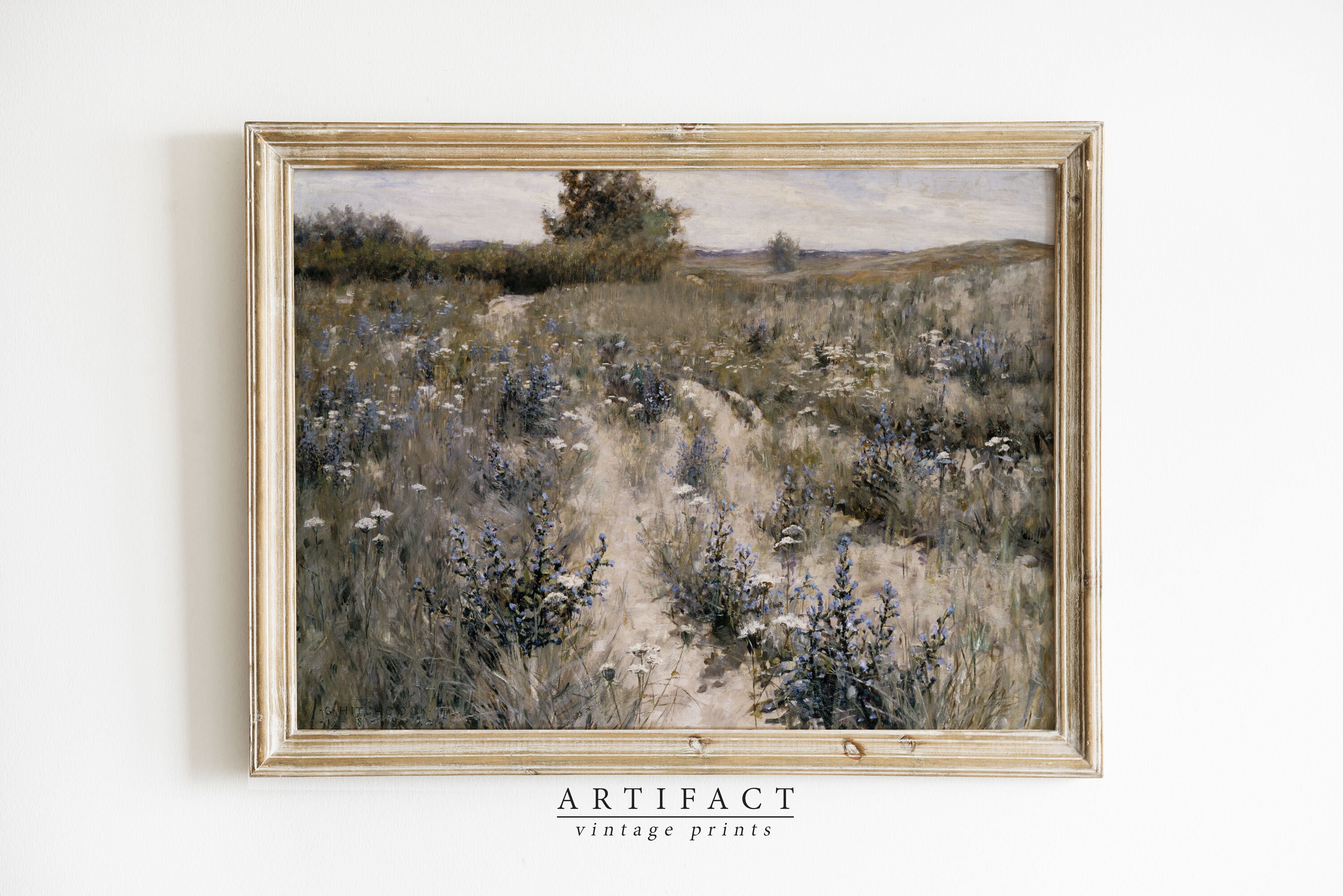 Muted Landscape Painting of a Meadow Path / Vintage Farmhouse Wall Art ...
