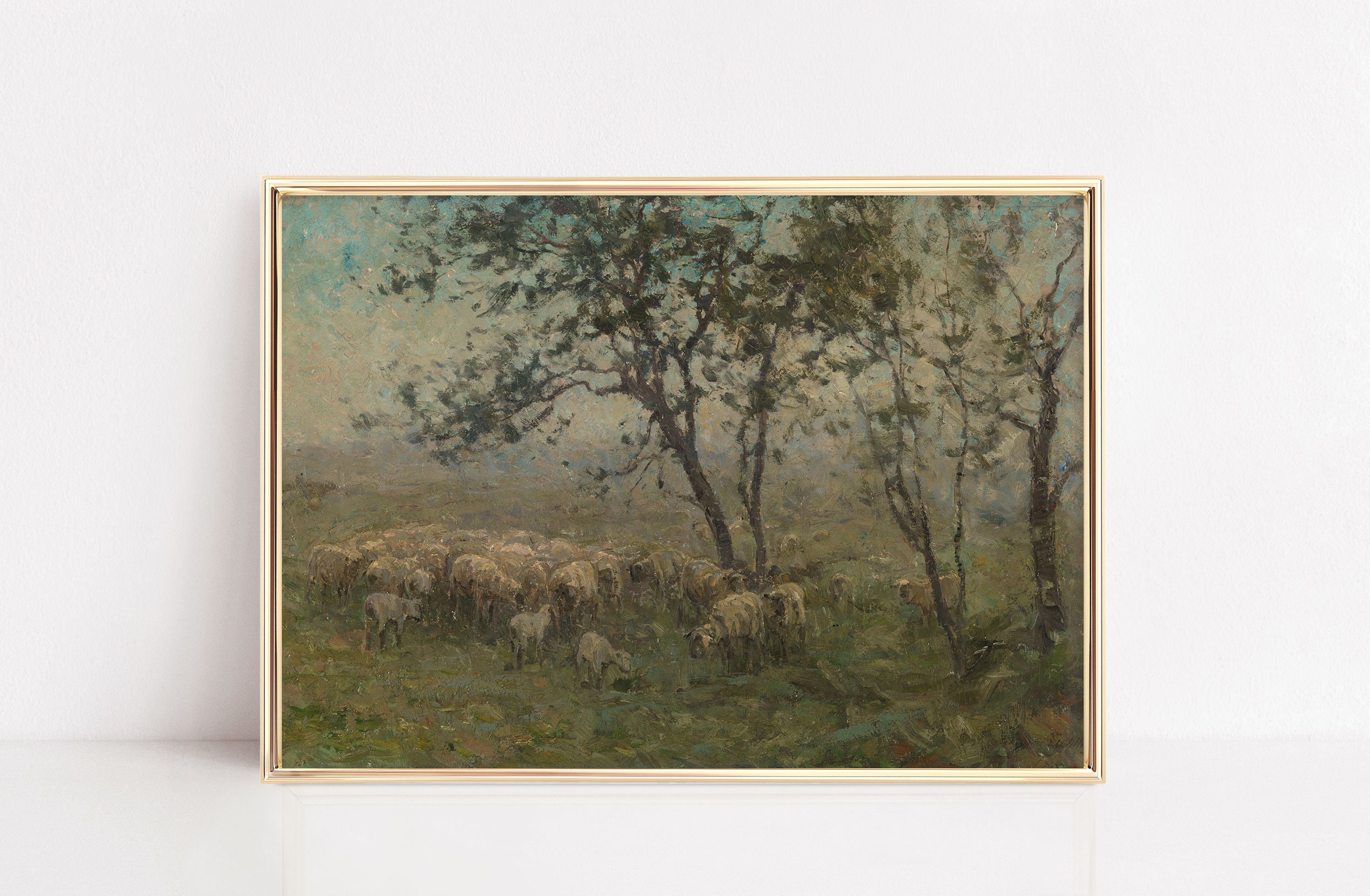 Vintage Painting of Sheep in a Meadow / Muted Landscape / Neutral ...
