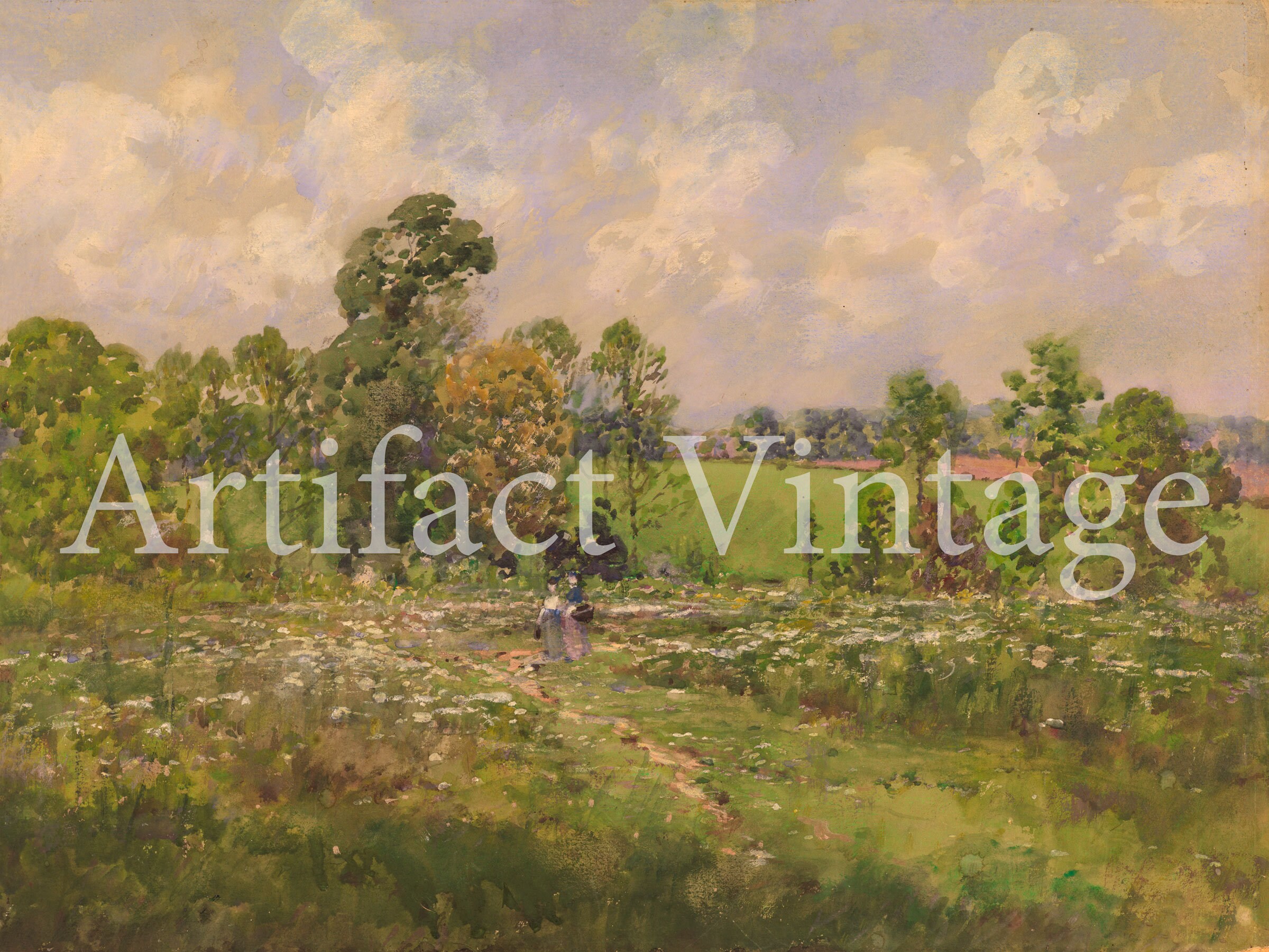 Vintage Watercolor Painting of Summer Meadow / Landscape Painting ...