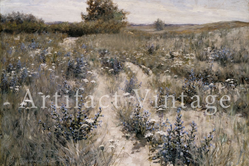 Muted Landscape Painting of a Meadow Path / Vintage Farmhouse Wall Art ...