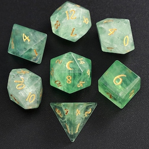 Green Fluorite  DND Dice Set, Aventurine Sharp Edge D&D Dice Set, Dungeons and Dragons Polyhedral RPG Gemstone Dice Set