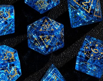 Blue DND Dice Set, Glass Sharp Edge D&D Dice Set, Dungeons and Dragons Polyhedral RPG Gemstone Dice Set