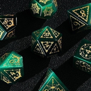 Dark Green DND Dice Set, Green Cat&#39;s Eye Sharp Edge D&D Dice Set, Dungeons and Dragons Polyhedral RPG Gemstone Dice Set