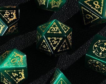 Dark Green DND Dice Set, Green Cat's Eye Sharp Edge D&D Dice Set, Dungeons and Dragons Polyhedral RPG Gemstone Dice Set
