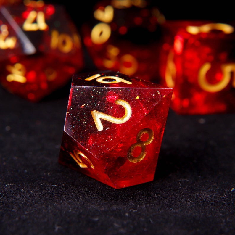 Fire Red Glittering D20 Dice,Handmade Set For DND, D&D Dice Set For Role Playing Games, Galaxy Sharp Edge Dice Set image 8