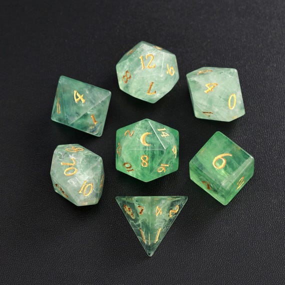 Green Fluorite  DND Dice Set, Aventurine Sharp Edge D&D Dice Set, Dungeons and Dragons Polyhedral RPG Gemstone Dice Set