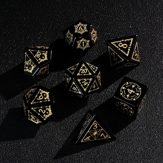 Engraved Obsidian DND Dice Set – Handmade Carving Purple Crystal for Dungeons & Dragons, RPG MTG Game Gift for Birthday