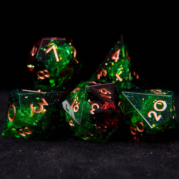 Ensemble complet de dés à bords tranchants en résine du MDN fait à la main, ensemble de dés D&D Green Star pour donjons et dragons, ensemble de dés polyédriques