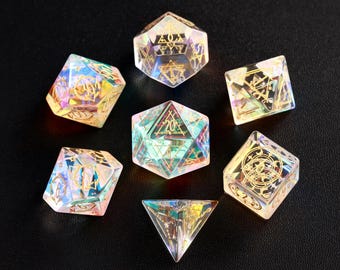 Stained DND Dice Set, Rainbow Glass Sharp Edge D&D Dice Set, Dungeons and Dragons Polyhedral RPG Gemstone Dice Set