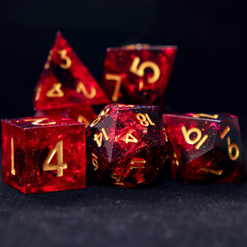 Fire Red Glittering D20 Dice,Handmade Set For DND, D&D Dice Set For Role Playing Games, Galaxy Sharp Edge Dice Set image 9