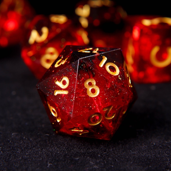 Feuer Rot Glitzer D20 Würfel, Handgemachtes Set Für DND, D & D Würfel Set Für Rollenspiele, Galaxy Sharp Edge Würfel Set