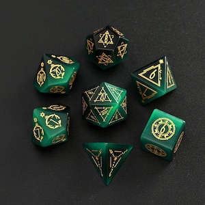 Dark Green DND Dice Set, Green Cat&#39;s Eye Sharp Edge D&D Dice Set, Dungeons and Dragons Polyhedral RPG Gemstone Dice Set