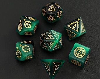 Dark Green DND Dice Set, Green Cat's Eye Sharp Edge D&D Dice Set, Dungeons and Dragons Polyhedral RPG Gemstone Dice Set