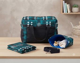 Handgemaakte luiertas van wax en denim - Complete 4-delige zwangerschapsset met draagbaar aankleedkussen en luiermand - Kraamcadeau