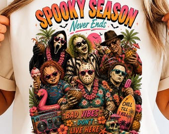 Summer Halloween PNG, Horror Characters Tropical Vibes Sublimation Design (Digital Download)