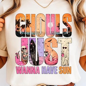 Summerween PNG featuring beach ghosts, skeleton, flamingo float, surfboard, tropical sunset, palm trees and pastel Halloween aesthetic on transparent background.