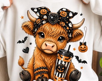 Halloween Highland Cow PNG, Spooky Pumpkin Bandana, Cow Sublimation Design (Digital Download)