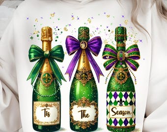 Mardi Gras Champagne PNG Tis The Season Bottle Design Purple Green Gold Sublimation
