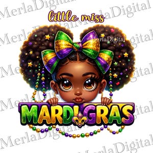 Little Miss Mardi Gras PNG cute girl design for kids t shirt printing