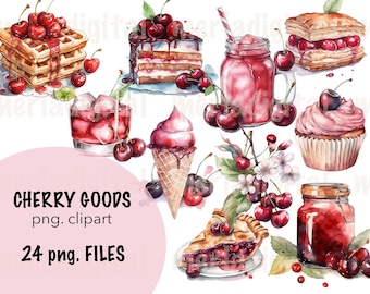 Watercolor Cherry Clipart, Bakery PNG Graphics (Digital Download)