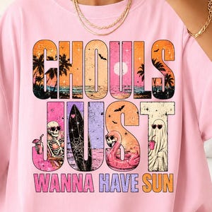 Summerween PNG featuring beach ghosts, skeleton, flamingo float, surfboard, tropical sunset, palm trees and pastel Halloween aesthetic on transparent background.