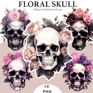 Floral Skull PNG Bundle 15 Watercolor Gothic Clipart for Halloween Shirts, Tumbler Wraps, Sublimation Transfers, Stickers & Wall Art
