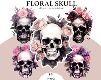 Floral Skull Watercolor Clipart, Gothic Halloween PNG Bundle (Digital Download)