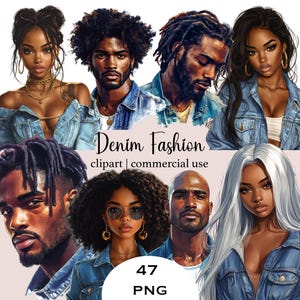 Denim clipart zwarte vrouw zwarte man in denim bundel clipart jeans clipart mode meisje png Afro-Amerikaanse mode mannen afdrukbare