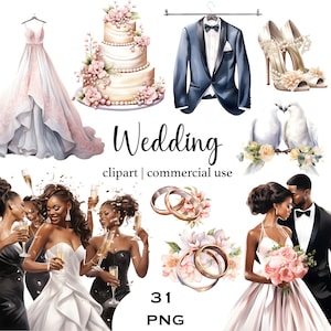 Clipart de novia y novio negros Clipart de boda negra Png Novia y novio Boda afroamericana Boda minimalista Descarga digital imprimible