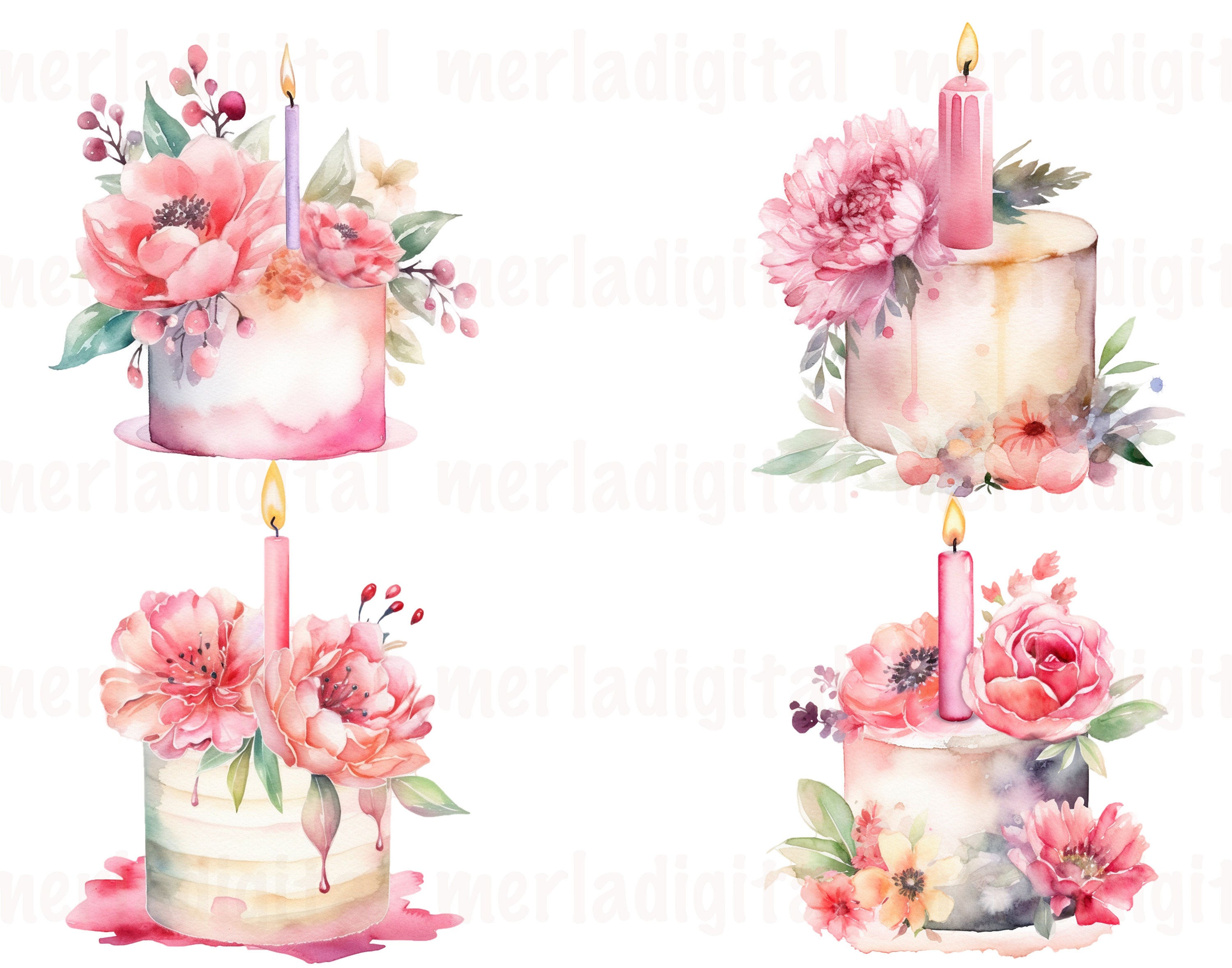 Watercolor Floral Cake Clipart | Pink Birthday Cake PNG (digital ...