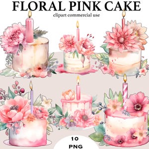 Floral Pink Cake Clipart | Birthday Cake PNG | Watercolor Cake Art | Wedding Cake Sublimation | Boho Floral Cake Graphics