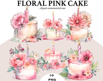 Op de afbeelding: Waterverfillustratie van zes bloemrijke roze taarten. Elke taart is versierd met roze bloemen, groene bladeren en een brandende kaars. De tekst "FLORAL PINK CAKE" en "clipart commercial use" staan bovenaan.