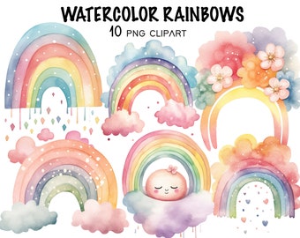 Watercolor Rainbows Clipart, Cute Nursery Watercolor Clip Art Png, Colorful Baby Nursery Decor, Instant Download Digital Nursery Art