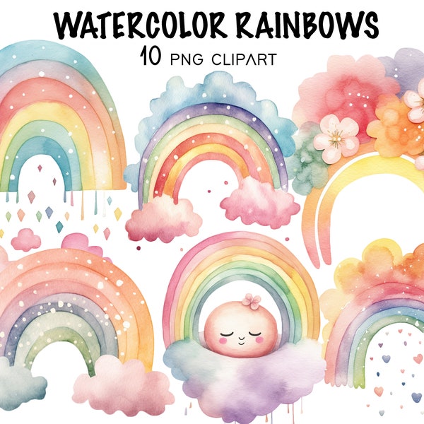 Watercolor Rainbows Clipart, Cute Nursery Watercolor Clip Art Png, Colorful Baby Nursery Decor, Instant Download Digital Nursery Art