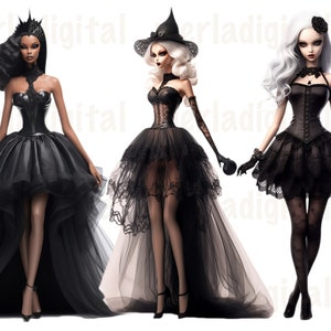 May include: Three fashion dolls wearing black and white dresses with lace details. The dolls have different hairstyles and accessories, including a crown, a witch's hat, and a flower.