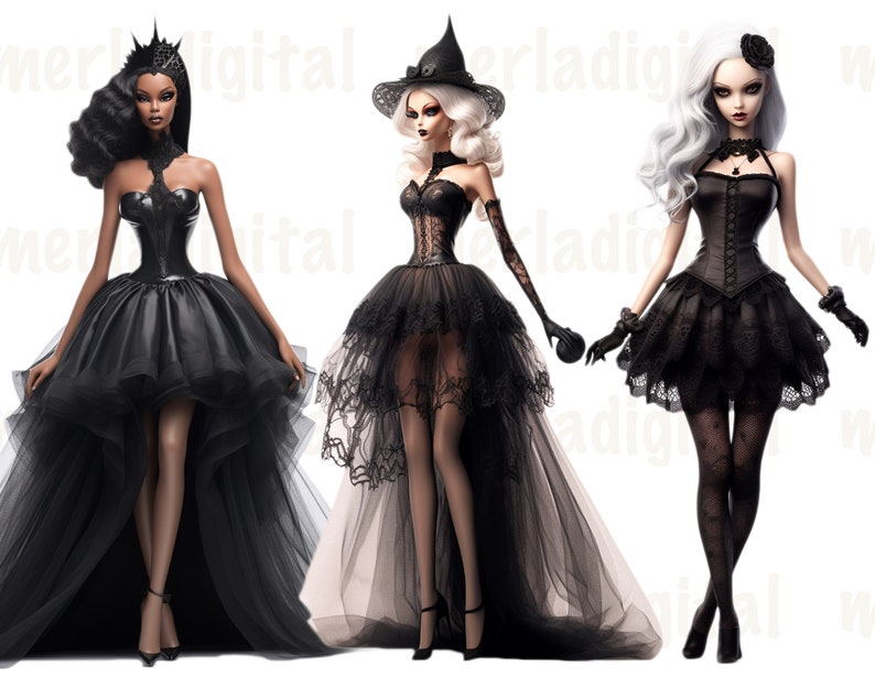 May include: Three fashion dolls wearing black and white dresses with lace details. The dolls have different hairstyles and accessories, including a crown, a witch's hat, and a flower.