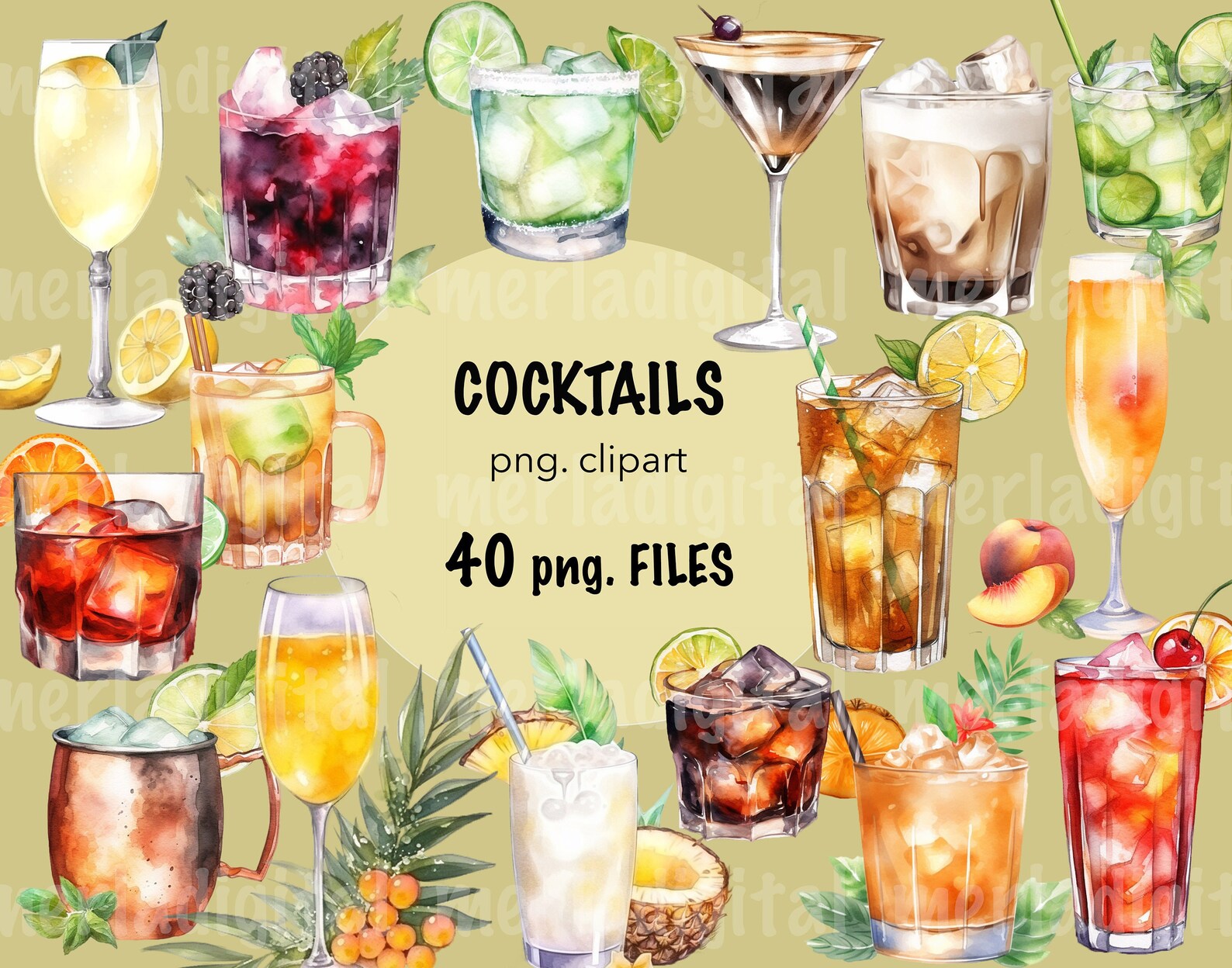 Watercolor Cocktails Clipart, Drinks Illustrations (40 Pngs) (digital ...