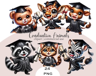 Watercolor Graduation Animals Clipart: PNG Set (Digital Download