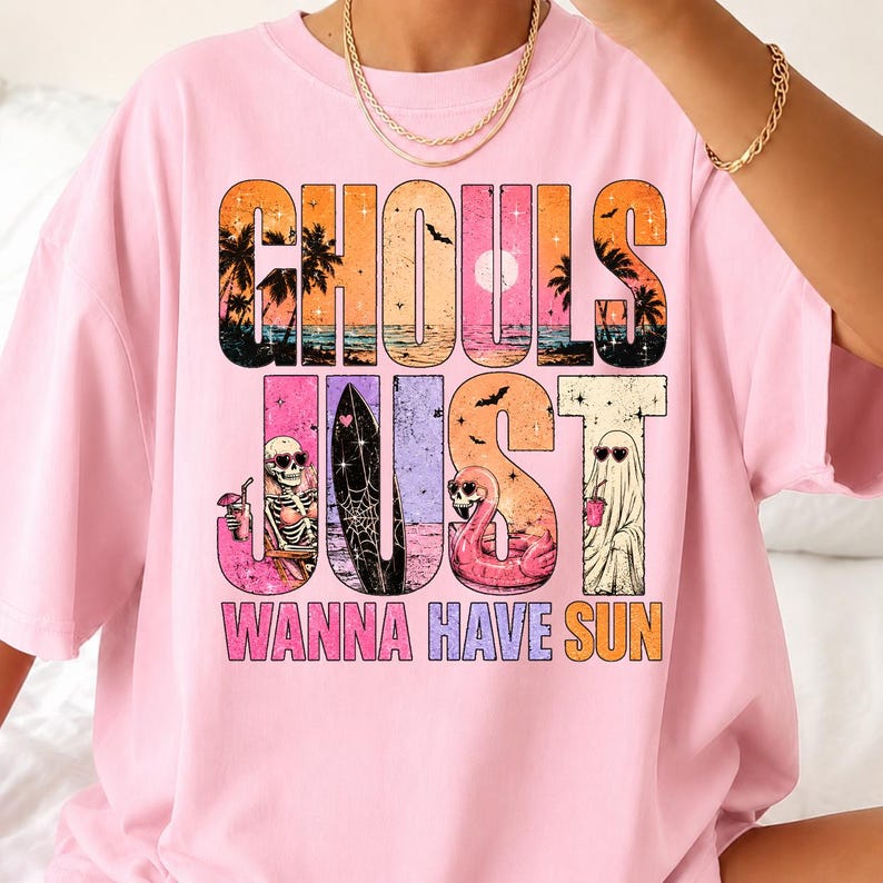 Summerween PNG featuring beach ghosts, skeleton, flamingo float, surfboard, tropical sunset, palm trees and pastel Halloween aesthetic on transparent background.