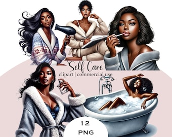 Black Woman Self Care Clipart, Watercolor Spa PNG (Digital Download)