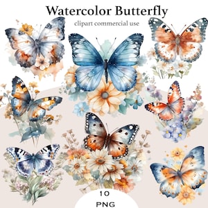 Bundle PNG aquarelle papillon – 10 cliparts floraux pastel, mariage printanier et sublimation fête des mères, téléchargement numérique commercial