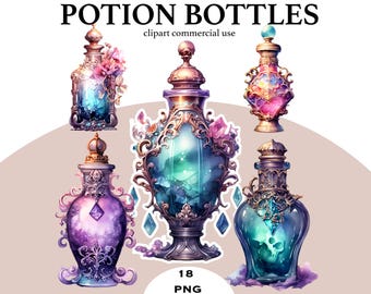 Aquarel drankje fles clipart | Fantasie-elixer, png (digitale download)