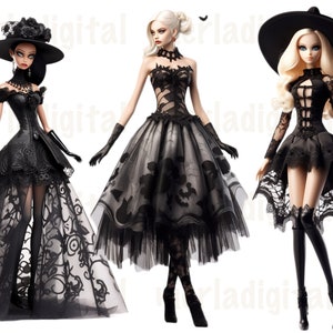 May include: Three fashion dolls dressed in black lace gowns and hats. The dolls have blonde and black hair and are wearing black lace gloves and stockings.