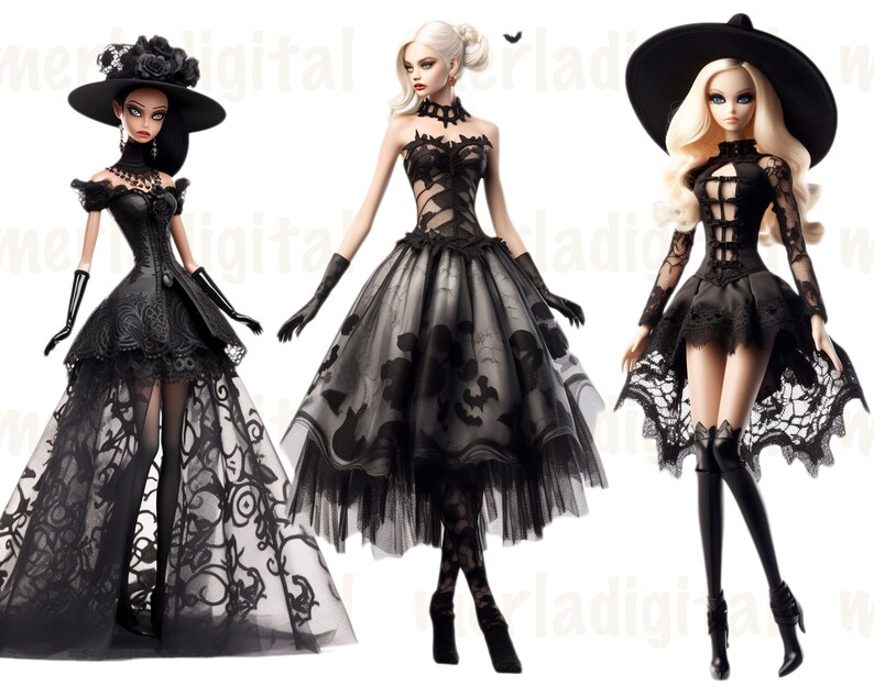 May include: Three fashion dolls dressed in black lace gowns and hats. The dolls have blonde and black hair and are wearing black lace gloves and stockings.