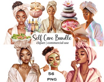 May include: A digital clipart bundle of 56 self-care themed illustrations. The illustrations feature women in various relaxing activities, such as taking a bath, meditating, and reading a book. The illustrations are in a cartoon style and are perfect for use in digital projects.