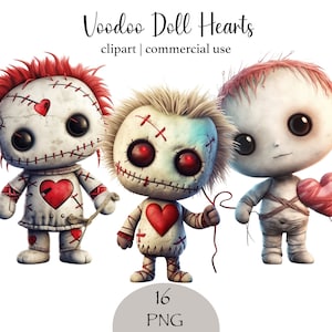Paquete PNG de muñecos vudú con forma de corazón: 16 imágenes prediseñadas de muñecos de trapo espeluznantes y adorables, diseño de sublimación anti-San Valentín y Halloween, descarga digital comercial