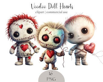 May include: Three voodoo dolls with stitched-up faces and red hearts. The dolls are holding red hearts and have a distressed, vintage look.